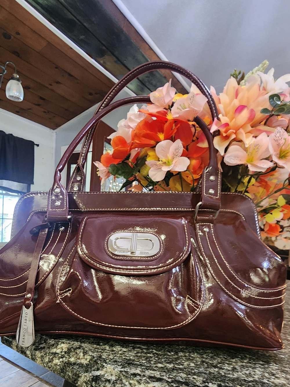 Franco Sarto Patent Leather Satchel in Deep Burgundy